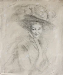 Portrait of a woman in a full brimmed hat decked with muslin, c.1905
